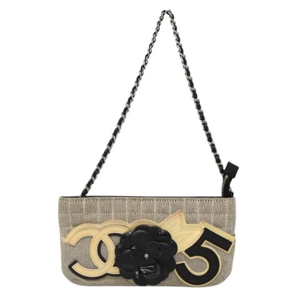 CHANEL Choco Bar Chain Camelia Shoulder Bag Canvas Gray Silver CC Auth 132885 - Picture 2 of 16